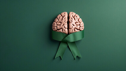 A brain with a green ribbon around it on a green background - obrazy, fototapety, plakaty
