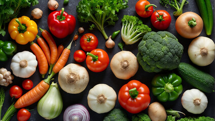 many fruits and vegetables on the surface