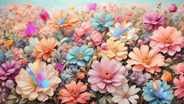 Colorful flowers on pastel colors with many butterflies. Seamless Spring loop background on 4k resolution
