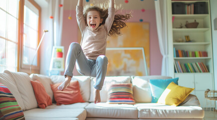 Obraz premium a young girl is jumping on a sofa in her room with joy