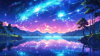 Photo sur Plexiglas Bleu foncé The silence of the lake with starlight galaxy, ethereal glow, calmness