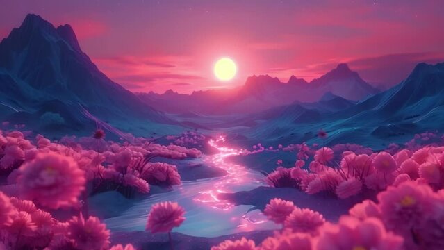 A dreamlike landscape with flowers mountains and rivers made of energy and light inviting the viewer to explore and understand the limitless possibilities of astral projection.