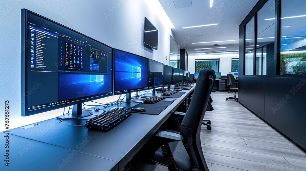 Poster in an office building, a row of computer monitors sits on a desk, creating a symmetrical display. th