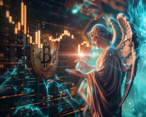Elegant angel analyzing a crypto graph world in the palm