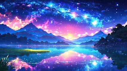 The silence of the lake with starlight galaxy, ethereal glow, calmness - obrazy, fototapety, plakaty