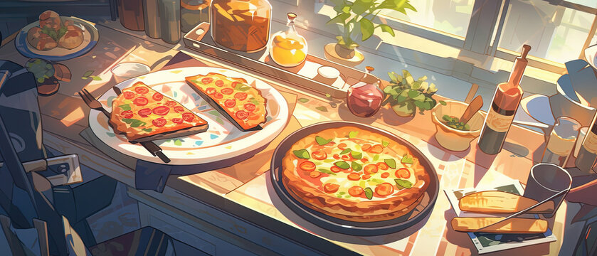 a pizza on a table with a slice missing