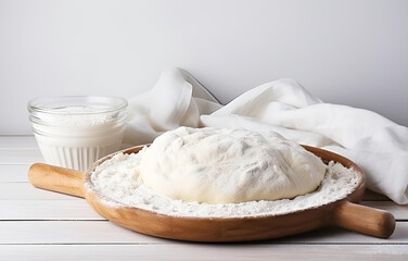 dough and flour cooking on white wooden plate on white wooden ta