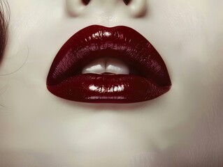 Ruby red lipstick on lips against a pale ivory face, capturing the striking contrast of color and allure in makeup