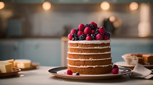 A Frosted Layer Cake Adorned with a Cascading Berry Medley