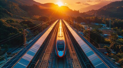 High-speed train powered by renewable energy, with solar panels along the track, representing sustainable transport - obrazy, fototapety, plakaty