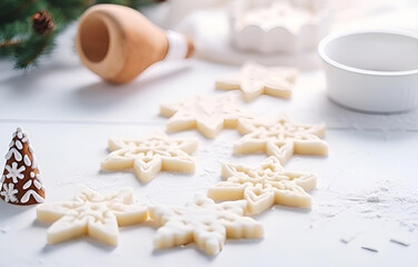 Fototapeta na wymiar christmas cookie cutters and gingerbread dough cooking on white