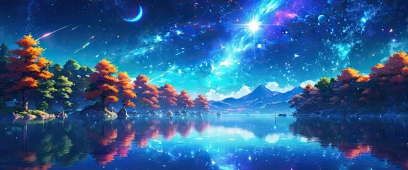 Foto op Plexiglas The silence of the lake with starlight galaxy, ethereal glow, calmness © franxxlin_studio