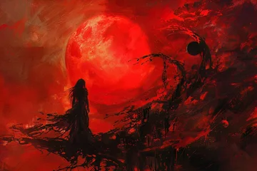 Fotobehang Under the red moons light, shadows dance, revealing a world tinted with passion and primal fear © Shutter2U