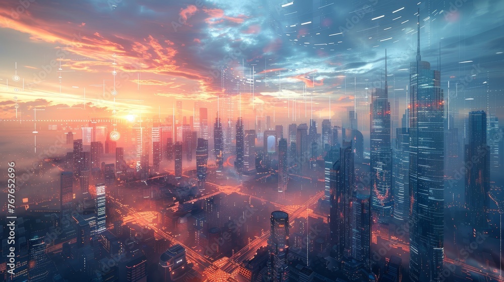 Poster technology: a futuristic cityscape with advanced architecture and smart infrastructure
