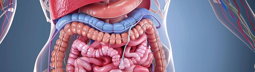 A detailed illustration of the digestive system in Gastroenterology , 3D render - obrazy, fototapety, plakaty