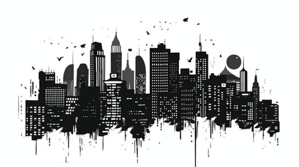 Big city life in black and white colors flat vector - obrazy, fototapety, plakaty