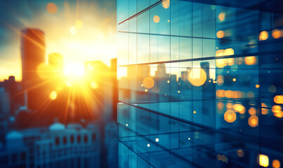 sun flare on shiny glass sky scraper building in city at sunrise - obrazy, fototapety, plakaty