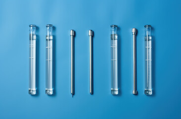 Medical syringe, vials with coronavirus vaccine on light blue background, flat lay., top view. Copy space for text