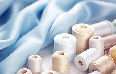 colorful threads, buttons, needles, fabric on white wooden table