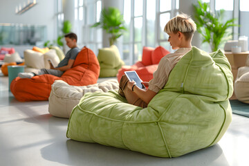 Obraz premium A young woman, sitting on green beanbag chair in the office, relaxes and meditates during a break between meetings.Green office