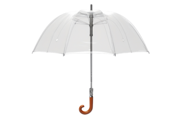 Elegant Rainy Day Companion: Clear Umbrella With Wooden Handle. On White or PNG Transparent Background.