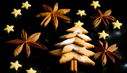 A Christmas tree-shaped biscuit decorated with anise stars and cinnamon sticks on a black background.