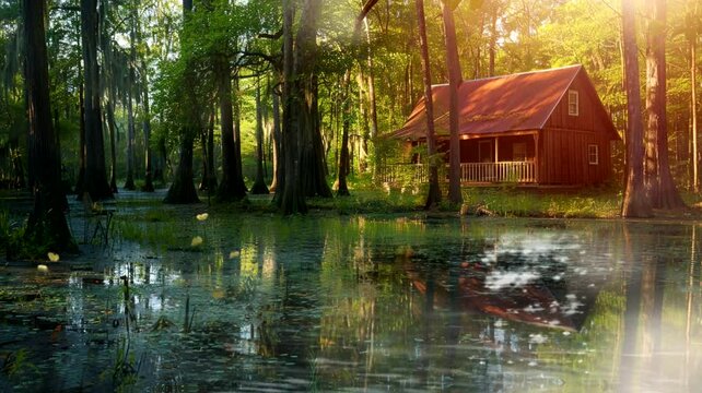 Swamp lake scene with a house in tropical forest, animated virtual repeating seamless 4k