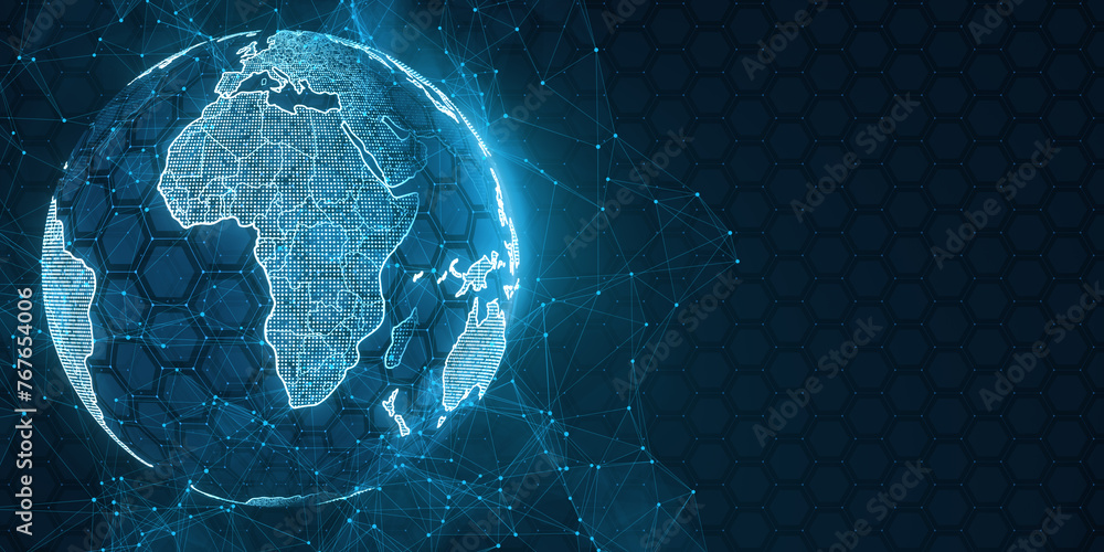 Poster creative glowing futuristic blue globe hologram on blurry wallpaper with mock up place. digital inno