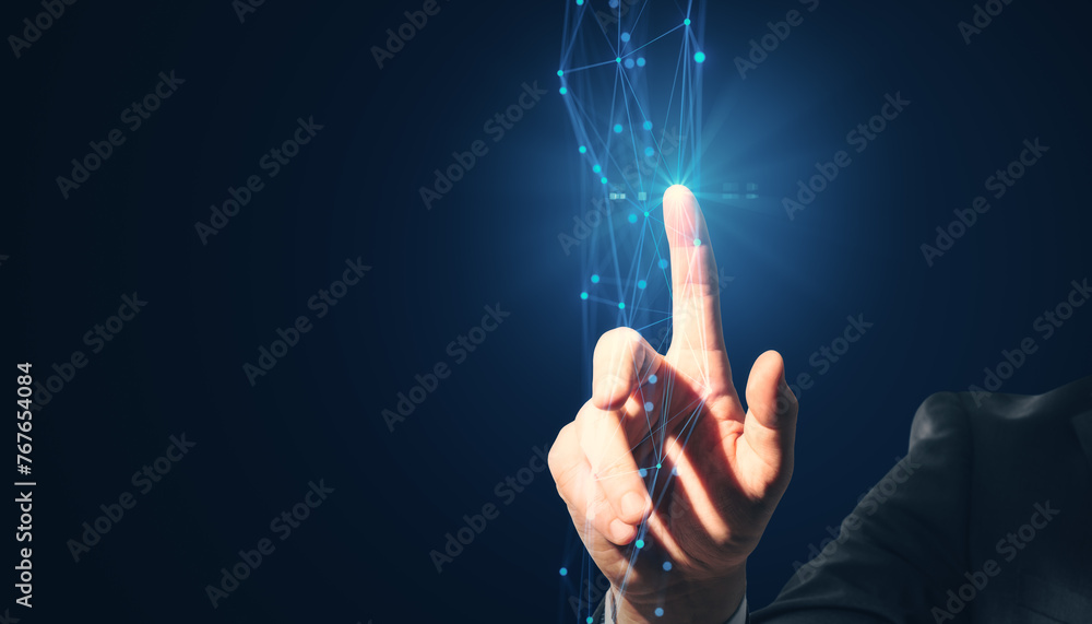 Poster close up of male hand pointing at creative polygonal interface. business screen, push and select con