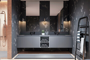 Modern bathroom design with wooden details and black marble walls. 3D Rendering