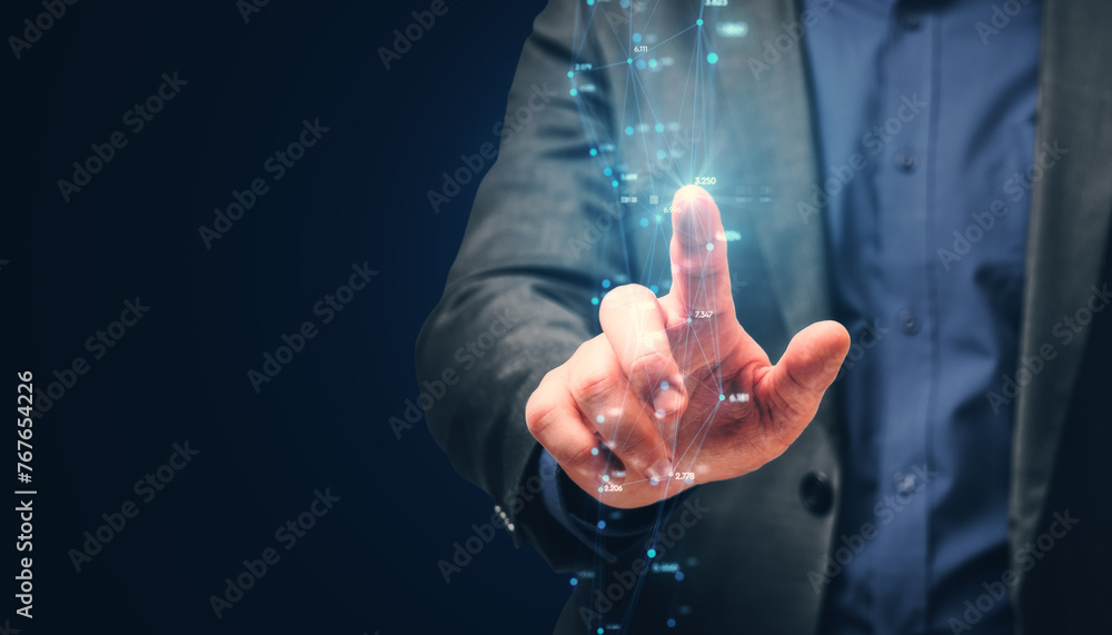 Poster close up of male hand using creative polygonal interface. business screen, push and select concept. 