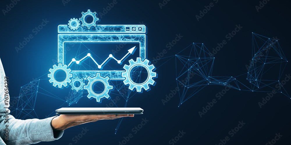 Poster close up of female hand holding smartphone with creative digital computer folder with cogs, mesh and
