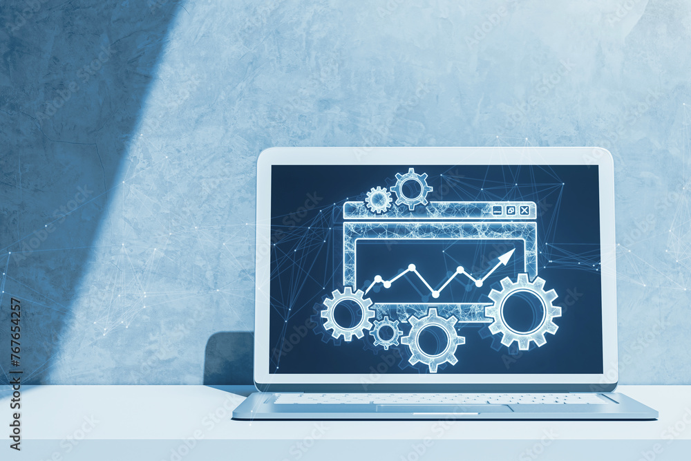 Poster Close up of laptop on table with digital folder with cogs, mesh and arrows on blurry backdrop. Project Management icon, data management, folder, project goals, task management concept. 3D Rendering.