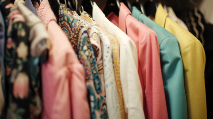 Fototapeta premium Hangers with different women clothes in wardrobe, close up