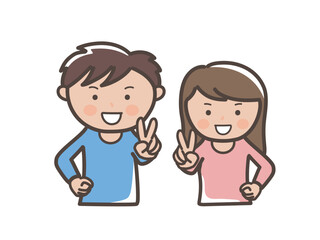 元気にピースのポーズをする若い男女の上半身イラスト