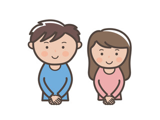 手を前で組んで笑顔の若い男女の上半身イラスト