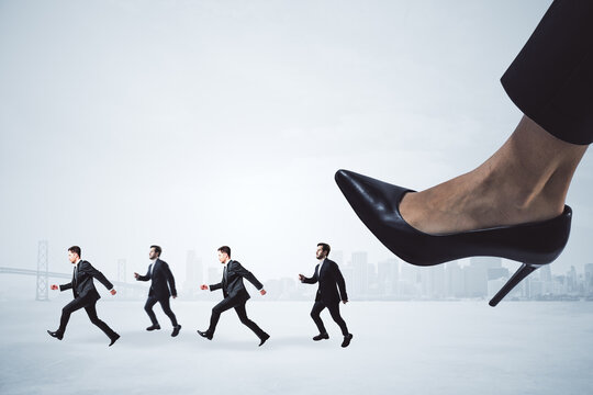 Small businessmen under big heel on white backdrop. Chief pressure, Stress at workplace concept.