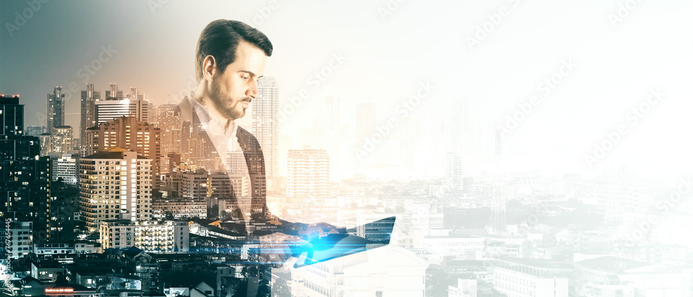 Aufkleber Abstract image of businessman using tablet on bright wide toned city background with mock up place. Double exposure.
