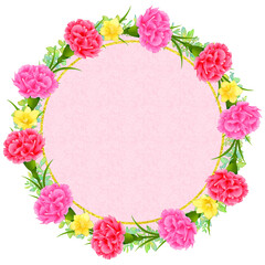 カーネーションとフリージアの円形フレーム　母の日　素材　飾り枠　見出し　囲み　ラベル　丸　タイトル　あしらい　レース　白背景　透過