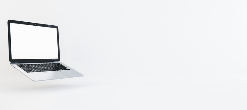 Open silver laptop with floating appearance over white background, digital communication concept. 3D Rendering