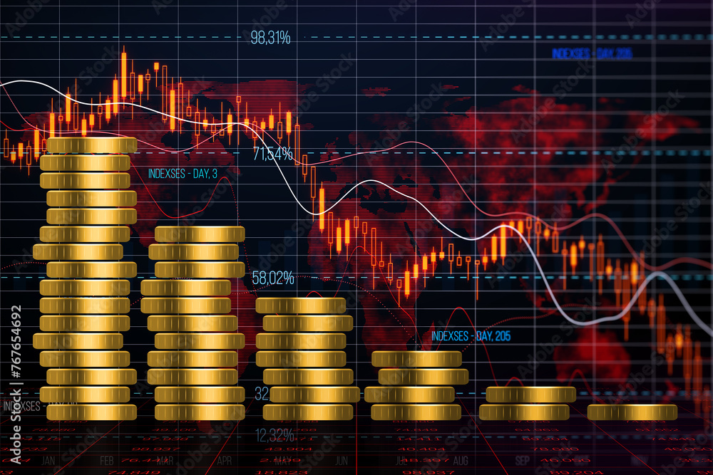 Poster A financial concept with stacks of coins and a downward trending market graph on a red and blue background. 3D Rendering