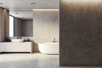 Spacious bathroom featuring a standalone tub and contrasting textures. 3D Rendering