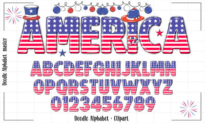 4th Of july Doodle alphabet,American  Flag letters,American Doodle alphabet,Patriotic Doodle font, American Clapart, USA Flag