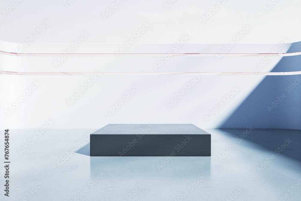 Aufkleber A modern minimalistic platform with a blue-gray backdrop and pink lines, ideal for product display. 3D Rendering