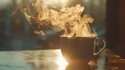 Cinematic shot of steam rising from a hot cup of viral coffee - obrazy, fototapety, plakaty