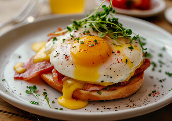 Delicious Eggs Benedict, close-up ultra realistic food photography