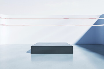 A modern minimalistic platform with a blue-gray backdrop and pink lines, ideal for product display. 3D Rendering