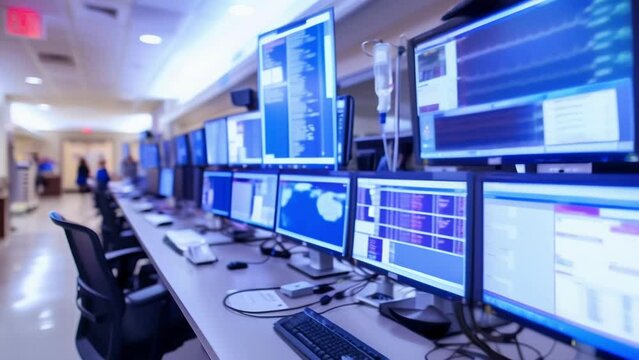 A bustling nurse station filled with computer screens and medical equipment where dedicated ICU nurses compile patient data and collaborate on treatment plans.