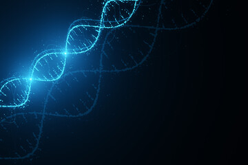 Abstract DNA strands in neon blue on a dark blue cyberspace background, digital technology concept. 3D Rendering