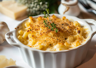 Baked Mac and Cheese, close-up, ultra realistic food photography